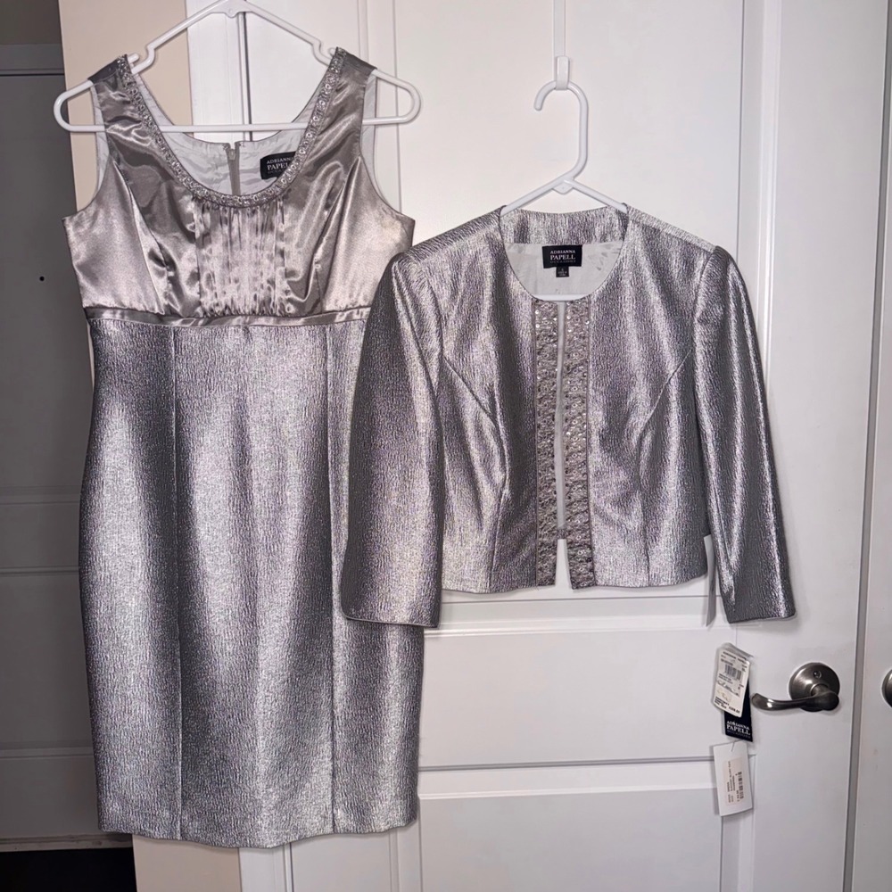 Adrianna Papell Silver Metallic Dress and Jacket Set Sequin Evening 6 NWT